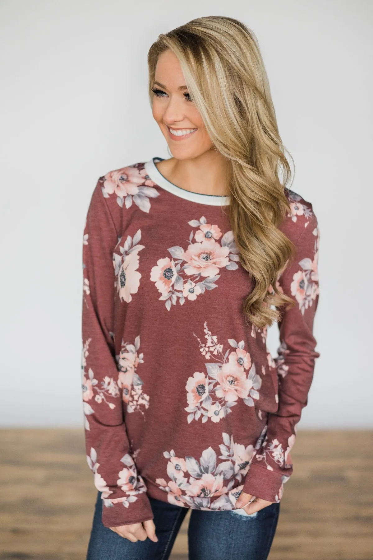 Maroon Floral Crew Neck Sweater Top