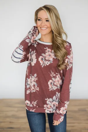 Maroon Floral Crew Neck Sweater Top