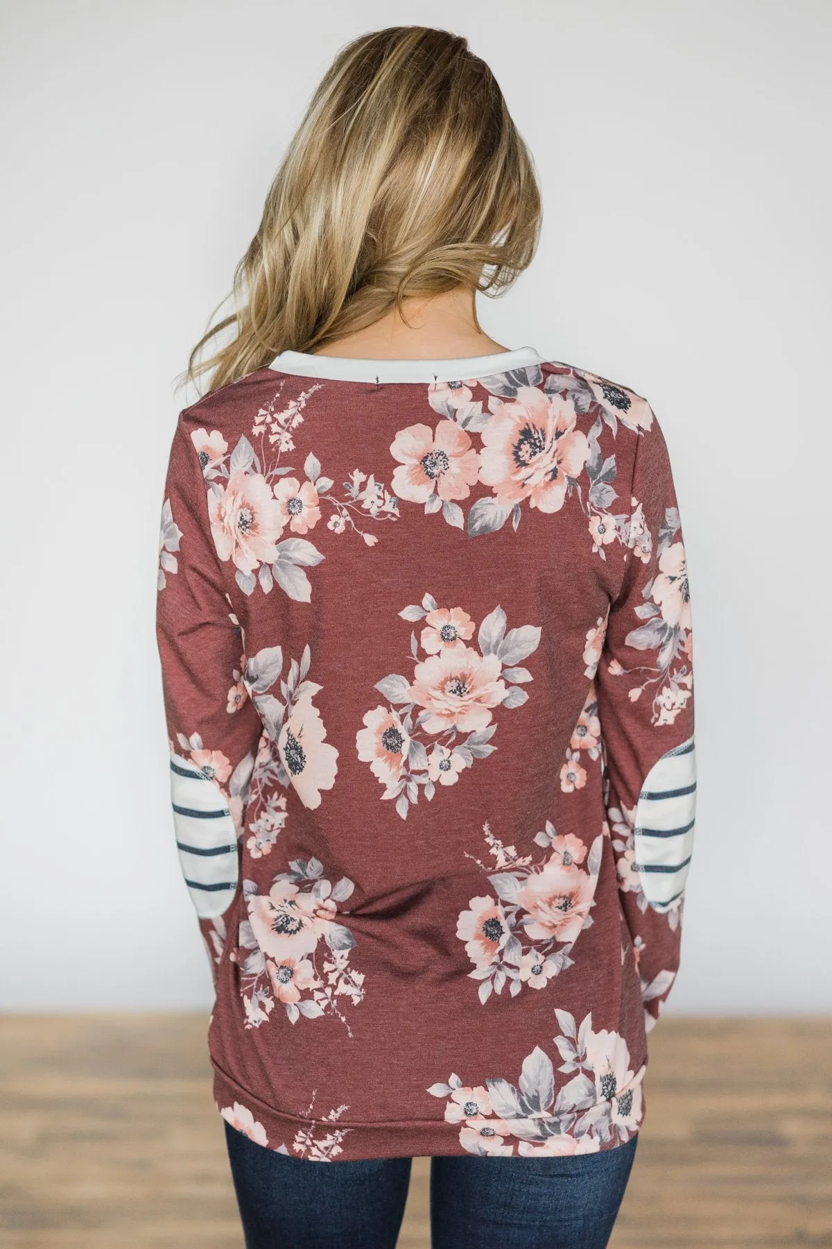 Maroon Floral Crew Neck Sweater Top