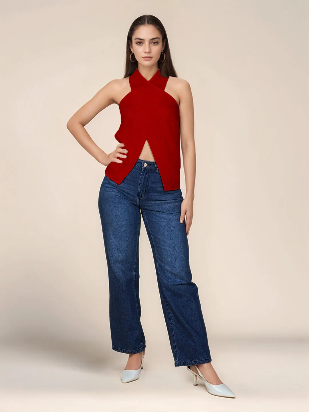 Maroon Solid Slim Fit Top
