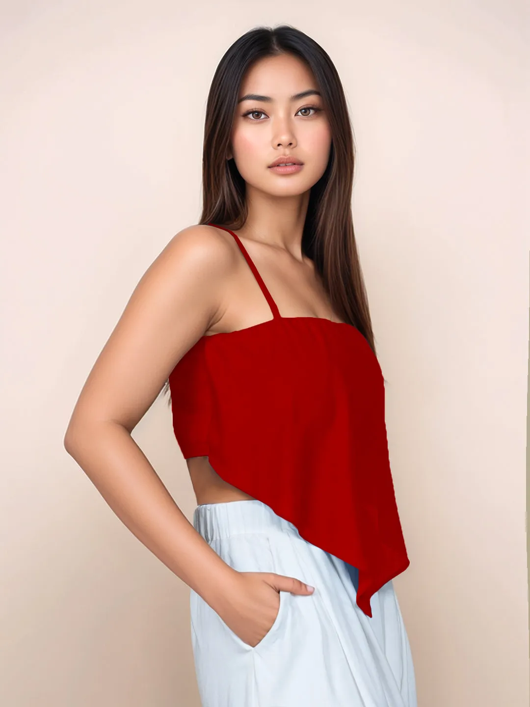 Maroon Solid Square Neck Crop Top