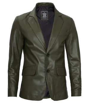 Men's Dark Green Leather Blazer – Slim Fit
