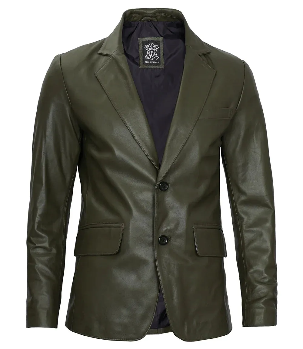 Men's Dark Green Leather Blazer – Slim Fit