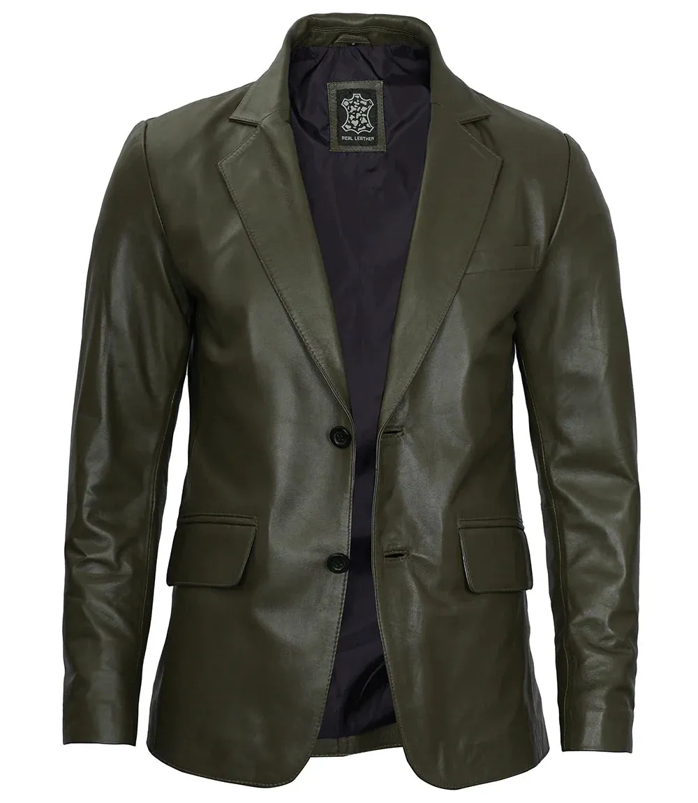 Men's Dark Green Leather Blazer – Slim Fit
