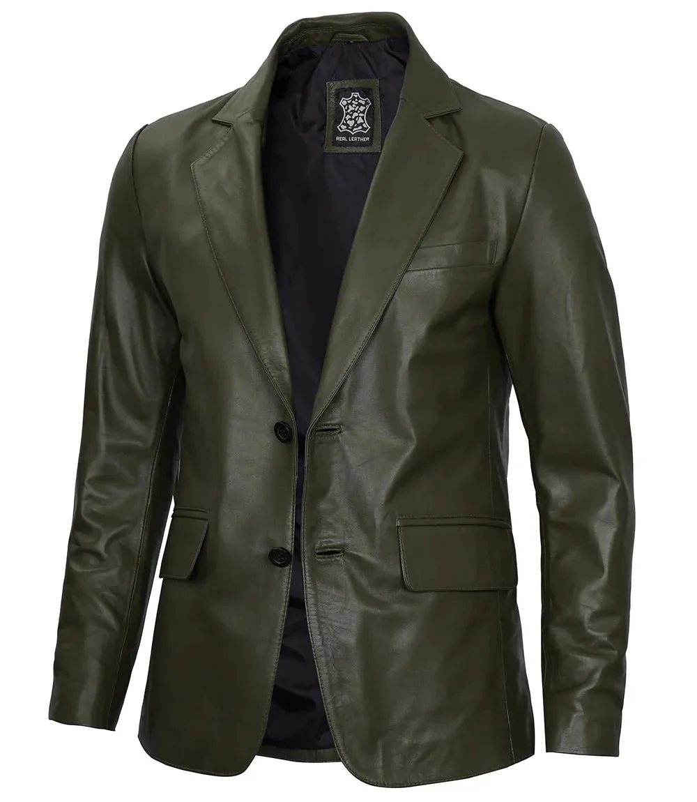 Men's Dark Green Leather Blazer – Slim Fit