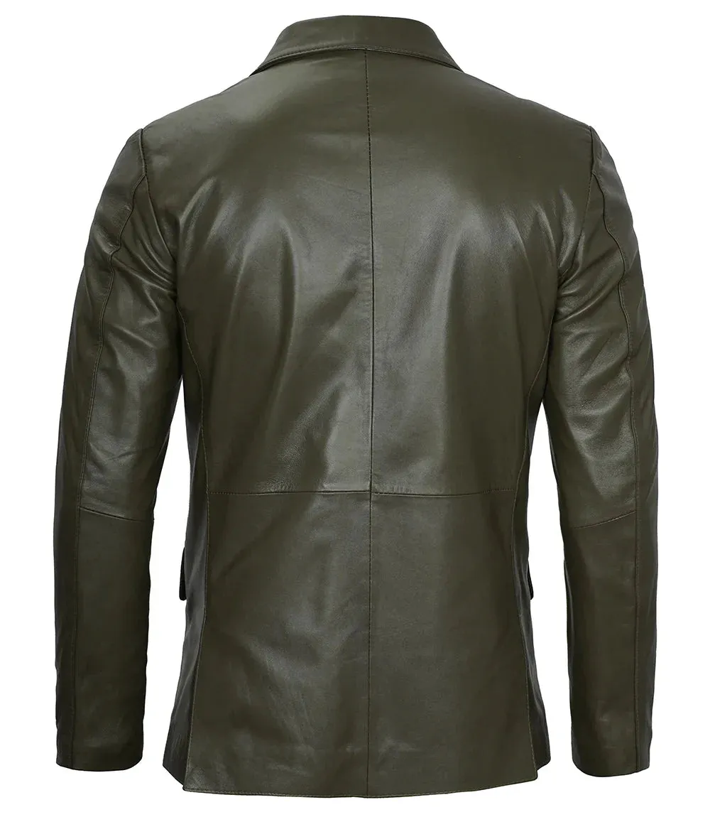 Men's Dark Green Leather Blazer – Slim Fit
