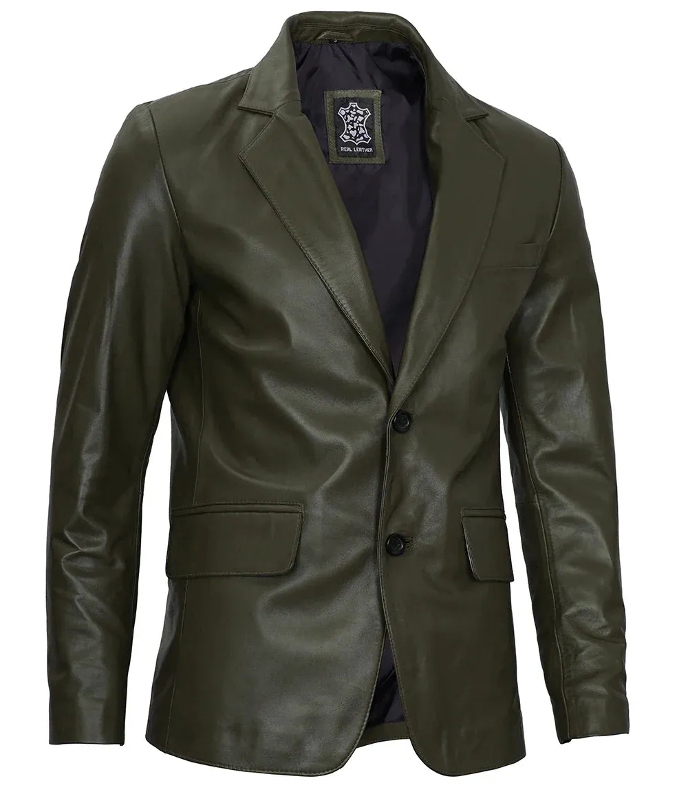 Men's Dark Green Leather Blazer – Slim Fit