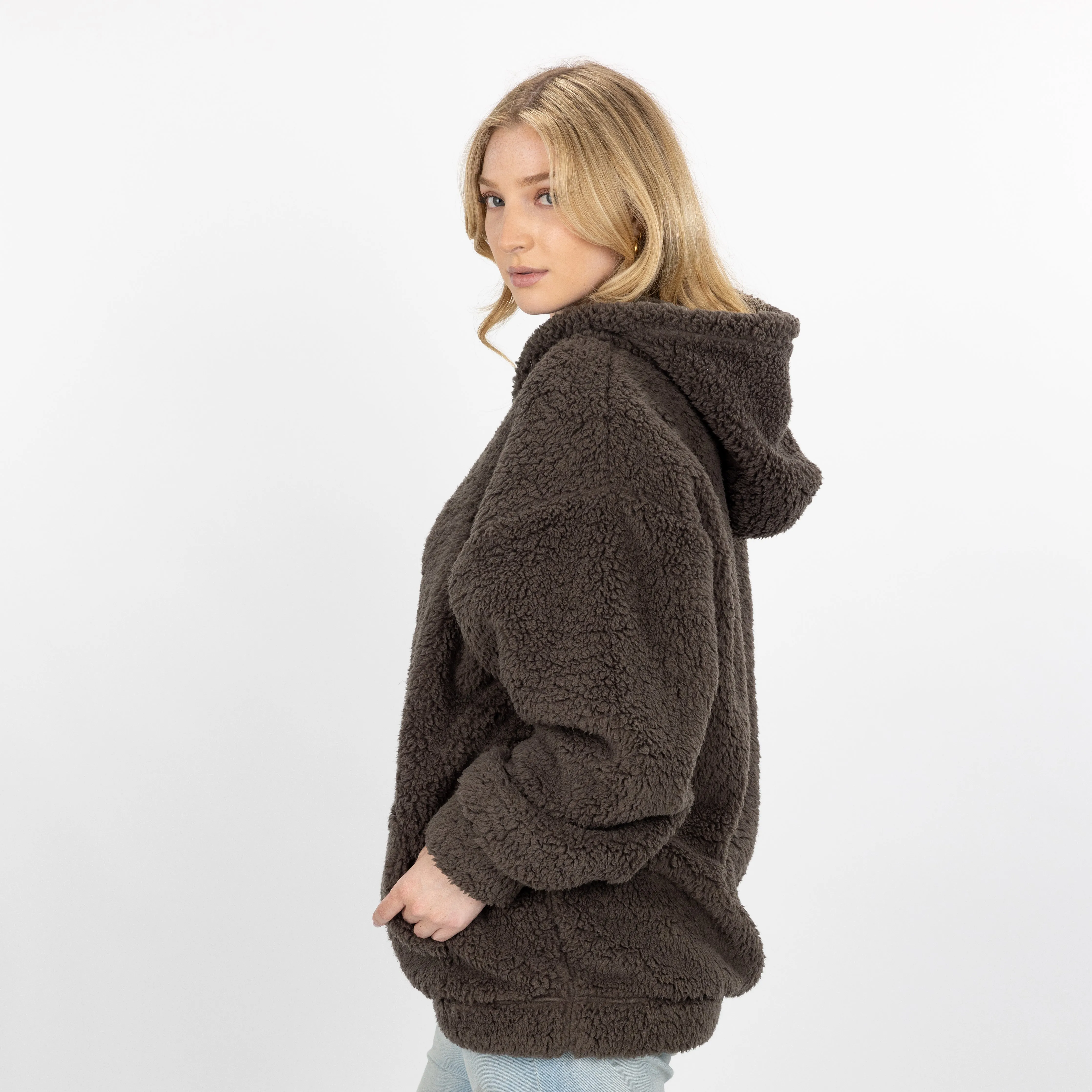 Micro-poly Sherpa Fleece Hoodie - Major Brown