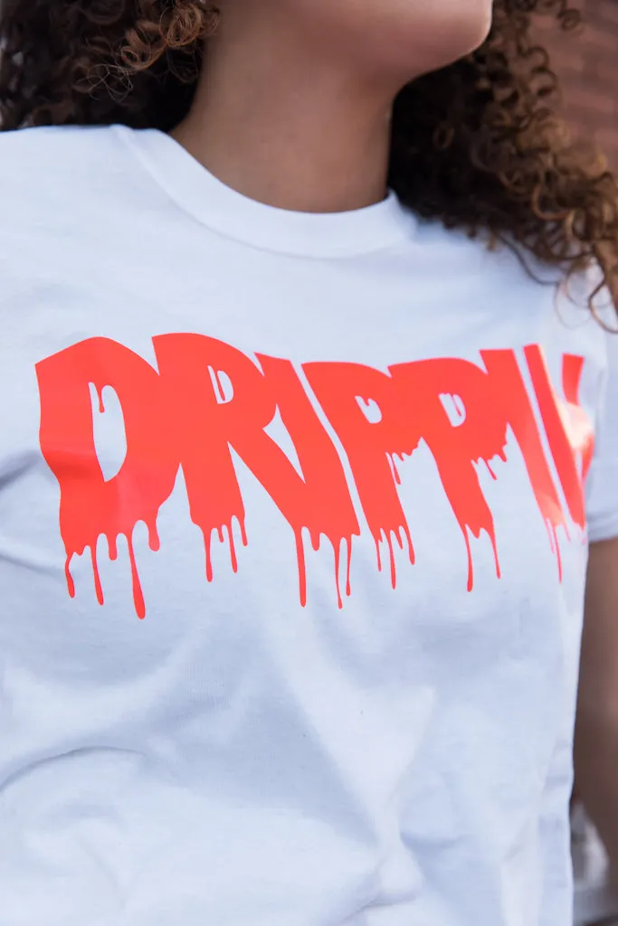 Neon Coral Drippin | White Tee