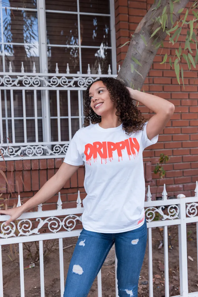 Neon Coral Drippin | White Tee