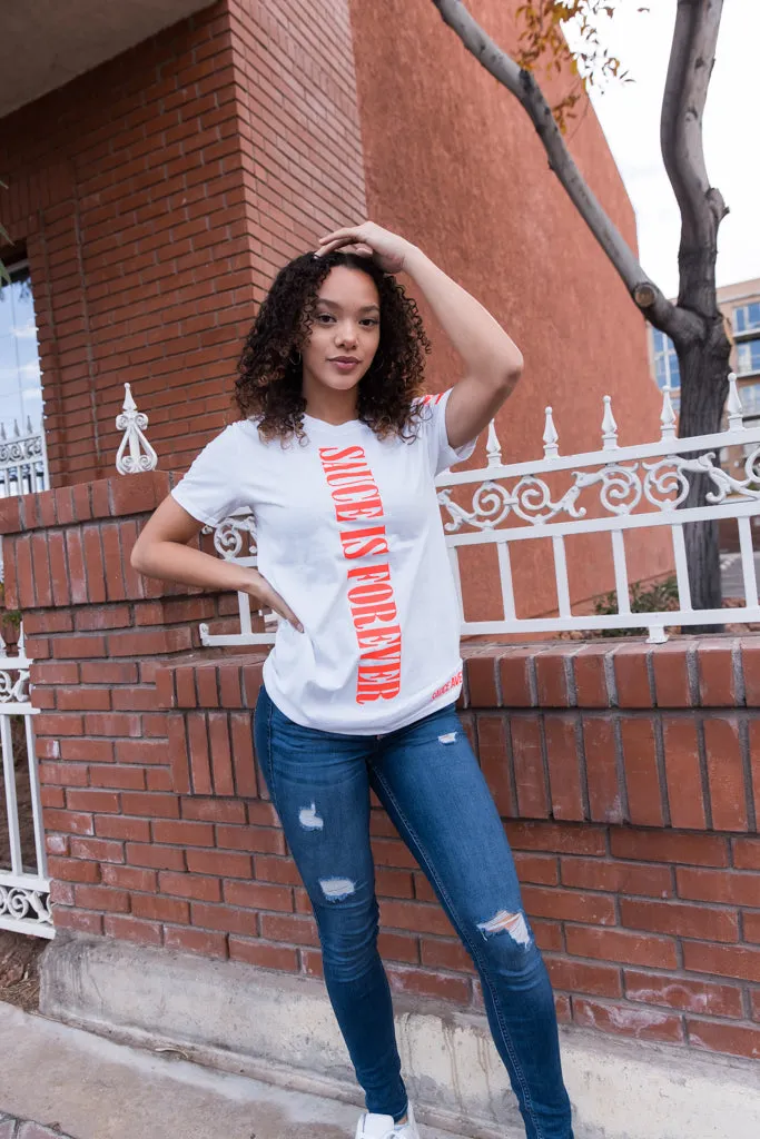 Neon Coral Sauce Is Forever (Vertical Big) | White Tee (LOVE Sleeve)