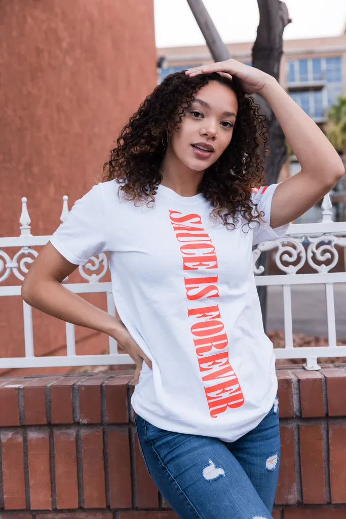Neon Coral Sauce Is Forever (Vertical Big) | White Tee (LOVE Sleeve)