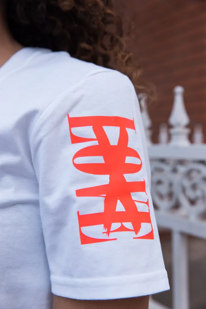 Neon Coral Sauce Is Forever (Vertical Big) | White Tee (LOVE Sleeve)
