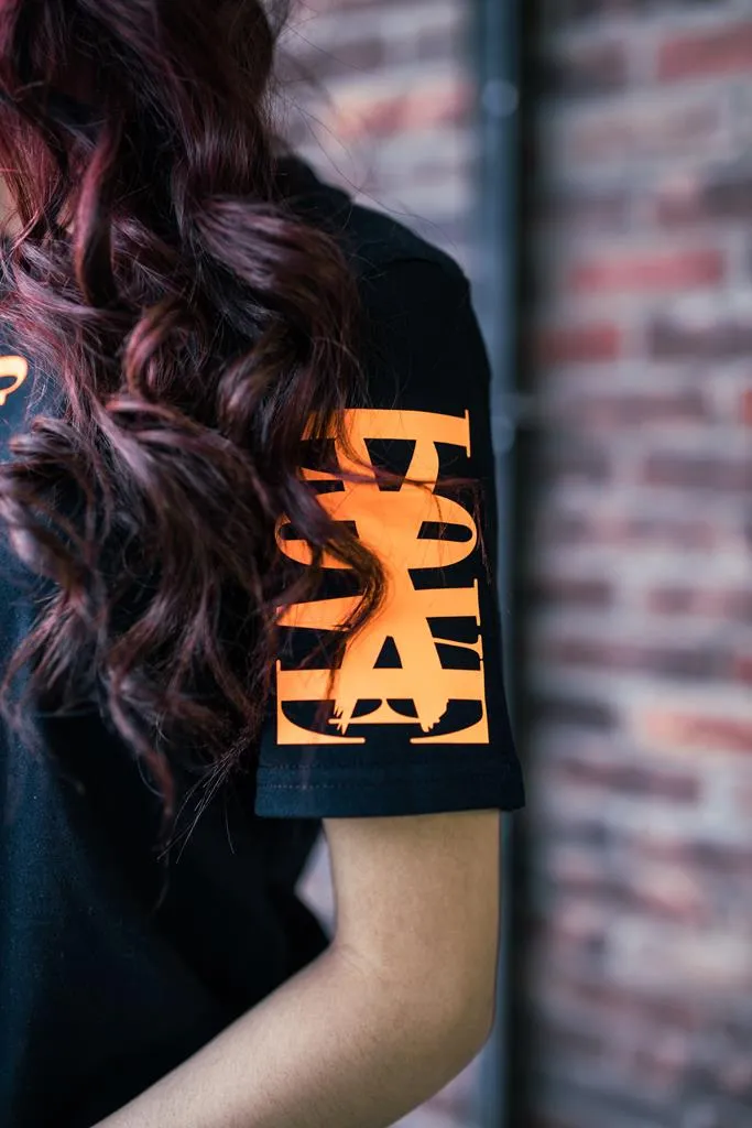 Neon Orange Sauce Is Forever (Vertical Big) | Black Tee (LOVE Sleeve)