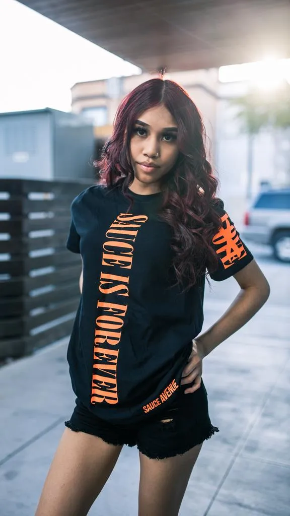 Neon Orange Sauce Is Forever (Vertical Big) | Black Tee (LOVE Sleeve)