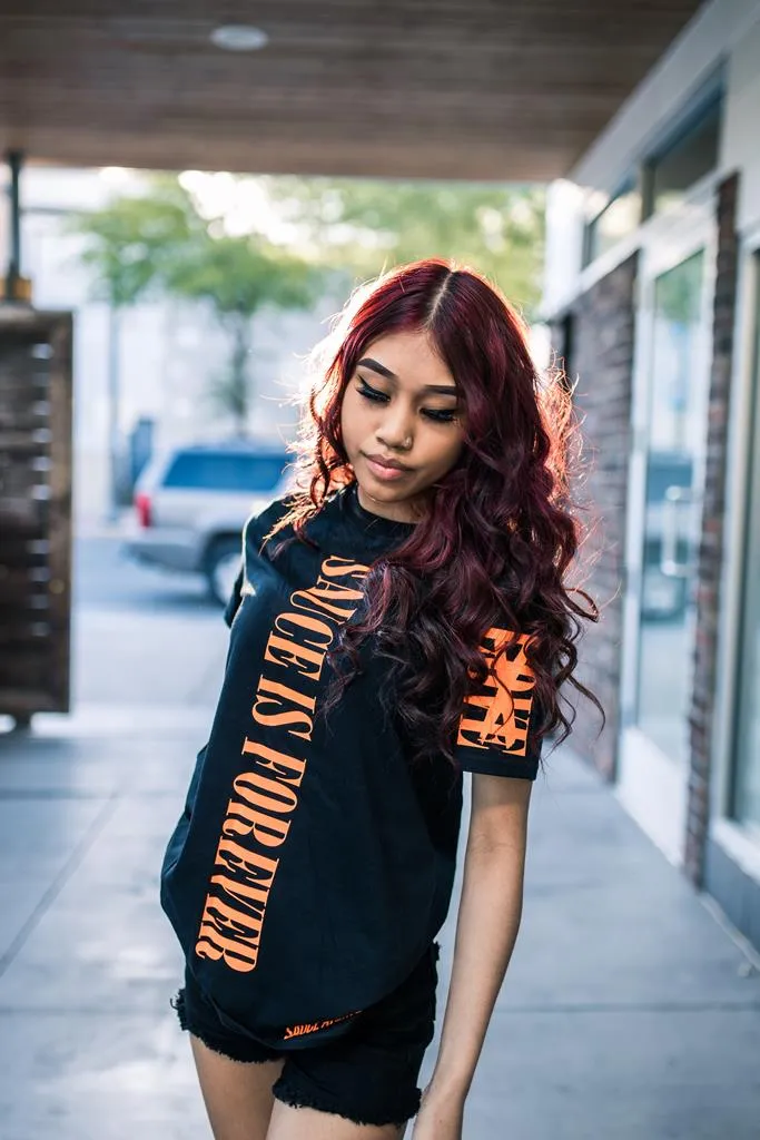 Neon Orange Sauce Is Forever (Vertical Big) | Black Tee (LOVE Sleeve)