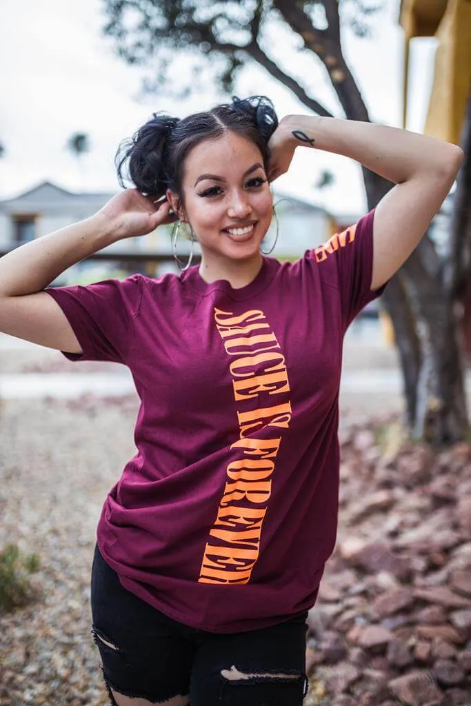 Neon Orange Sauce Is Forever (Vertical Big) | Maroon Tee (LOVE Sleeve)