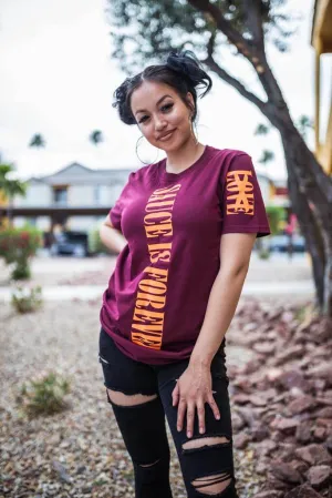 Neon Orange Sauce Is Forever (Vertical Big) | Maroon Tee (LOVE Sleeve)