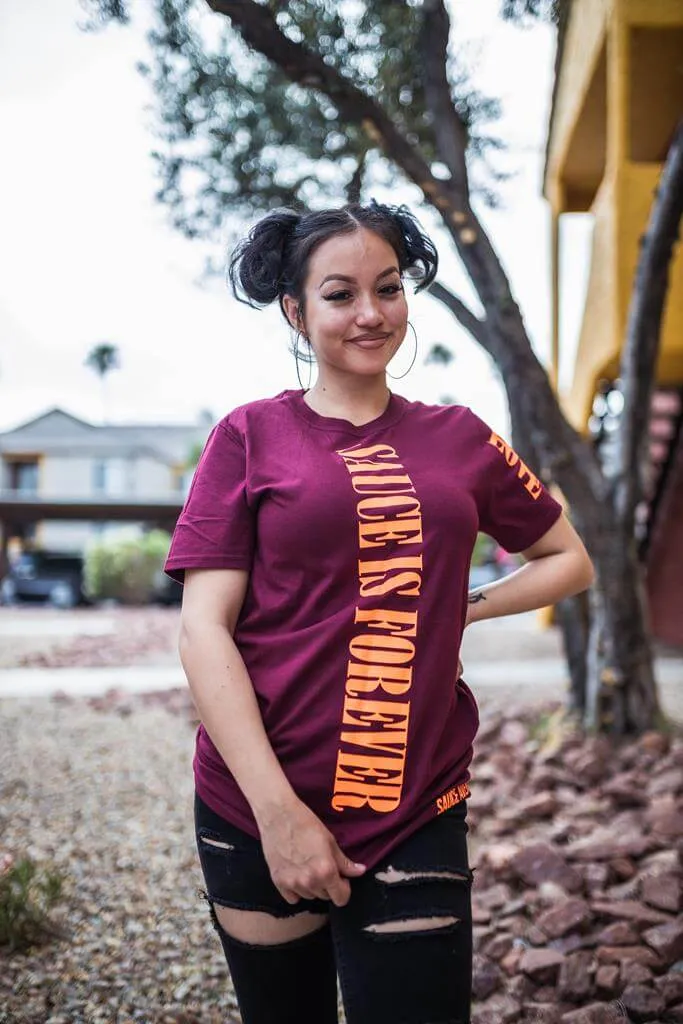 Neon Orange Sauce Is Forever (Vertical Big) | Maroon Tee (LOVE Sleeve)