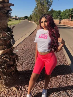 Neon Pink Glitter Drippin Sauce | White Tee