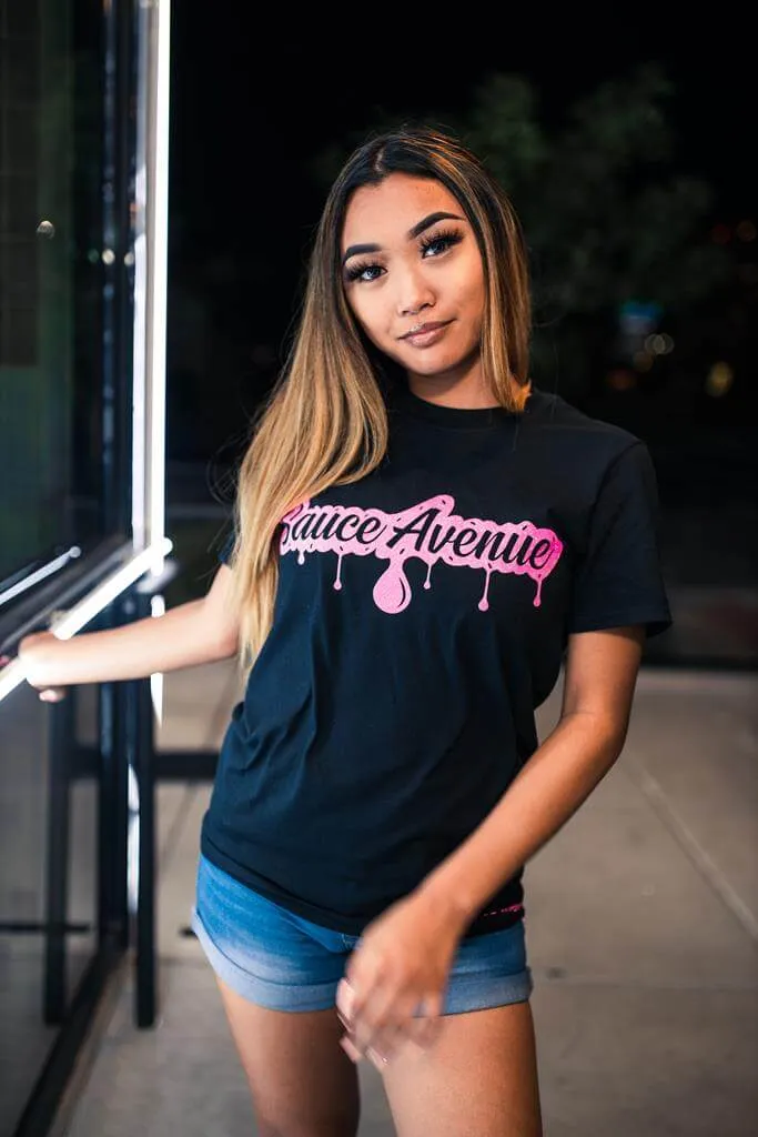 Neon Pink Glitter SA Drip | Black Tee