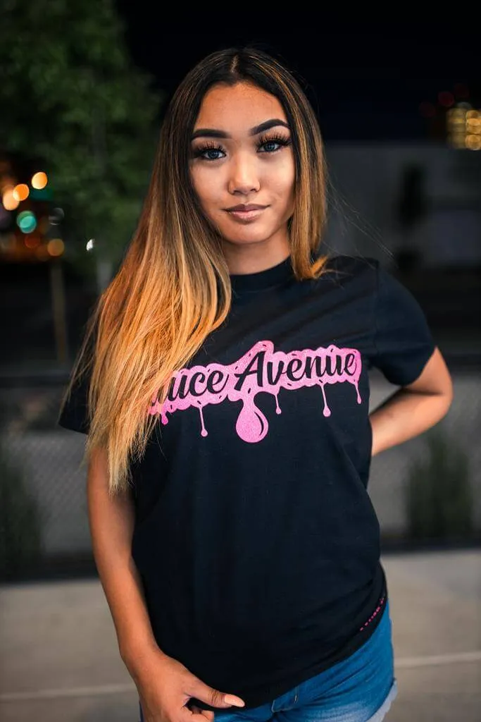 Neon Pink Glitter SA Drip | Black Tee