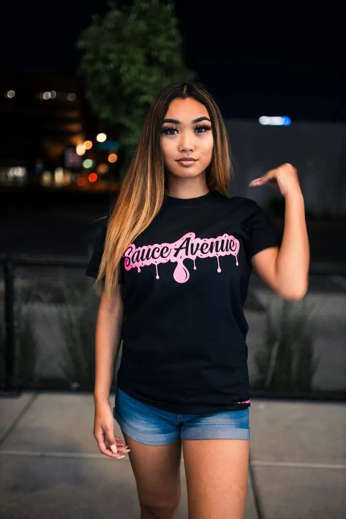 Neon Pink Glitter SA Drip | Black Tee