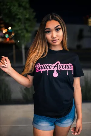 Neon Pink Glitter SA Drip | Black Tee