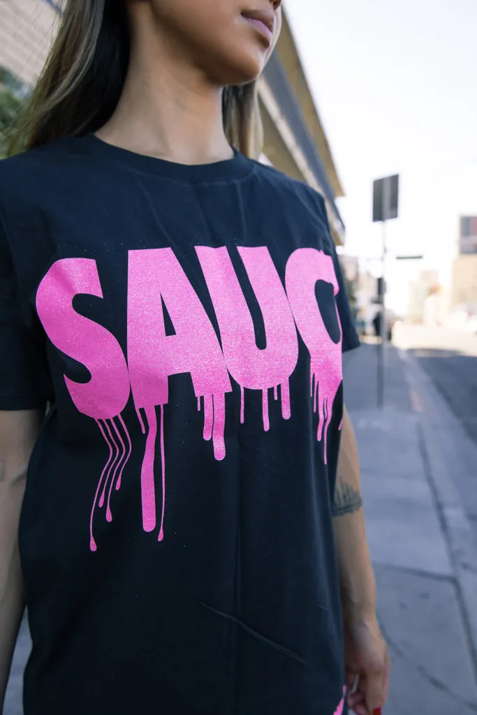 Neon Pink Glitter Sauce | Black Tee