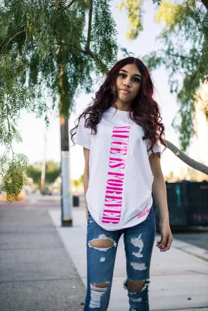 Neon Pink Sauce Is Forever (Vertical Big) | White Tee (LOVE Sleeve)