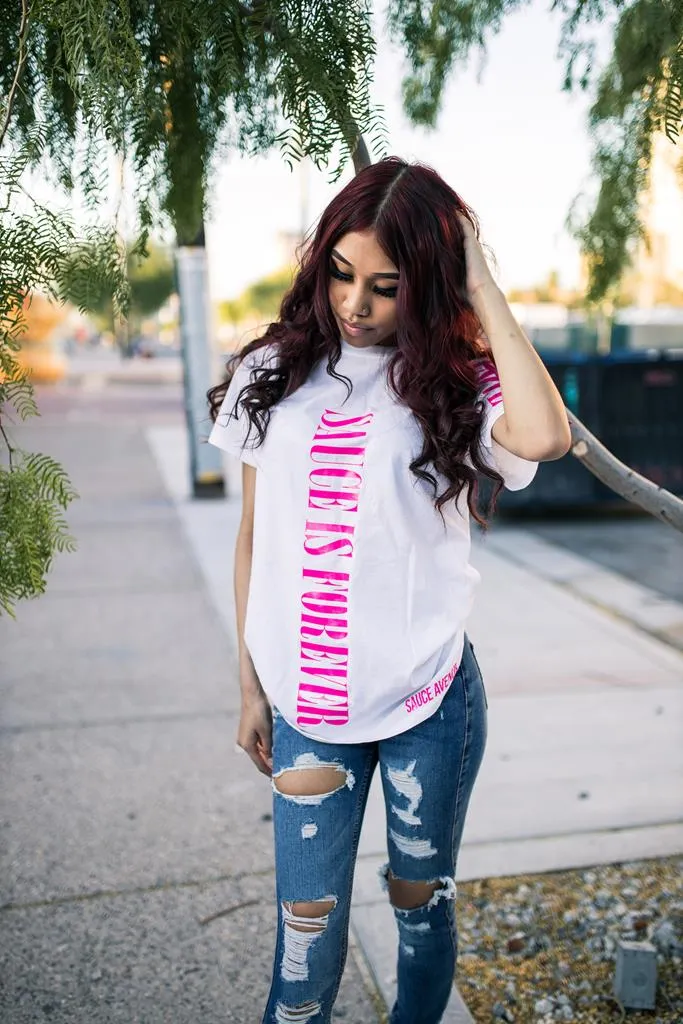 Neon Pink Sauce Is Forever (Vertical Big) | White Tee (LOVE Sleeve)