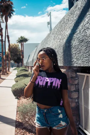 Neon Purple Glitter Drippin | Black Tee