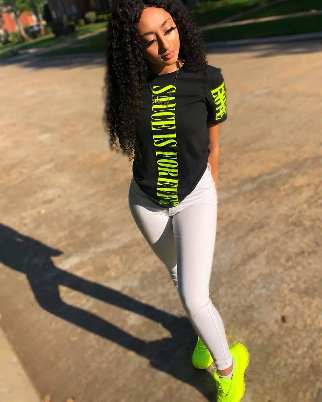 Neon Yellow Sauce Is Forever (Vertical Big) | Black Tee (LOVE Sleeve)