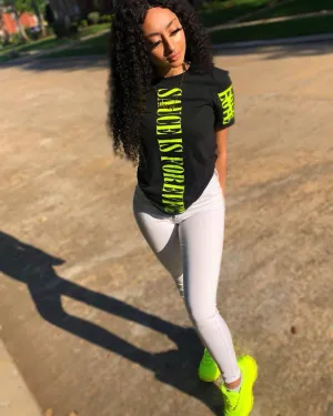 Neon Yellow Sauce Is Forever (Vertical Big) | Black Tee (LOVE Sleeve)