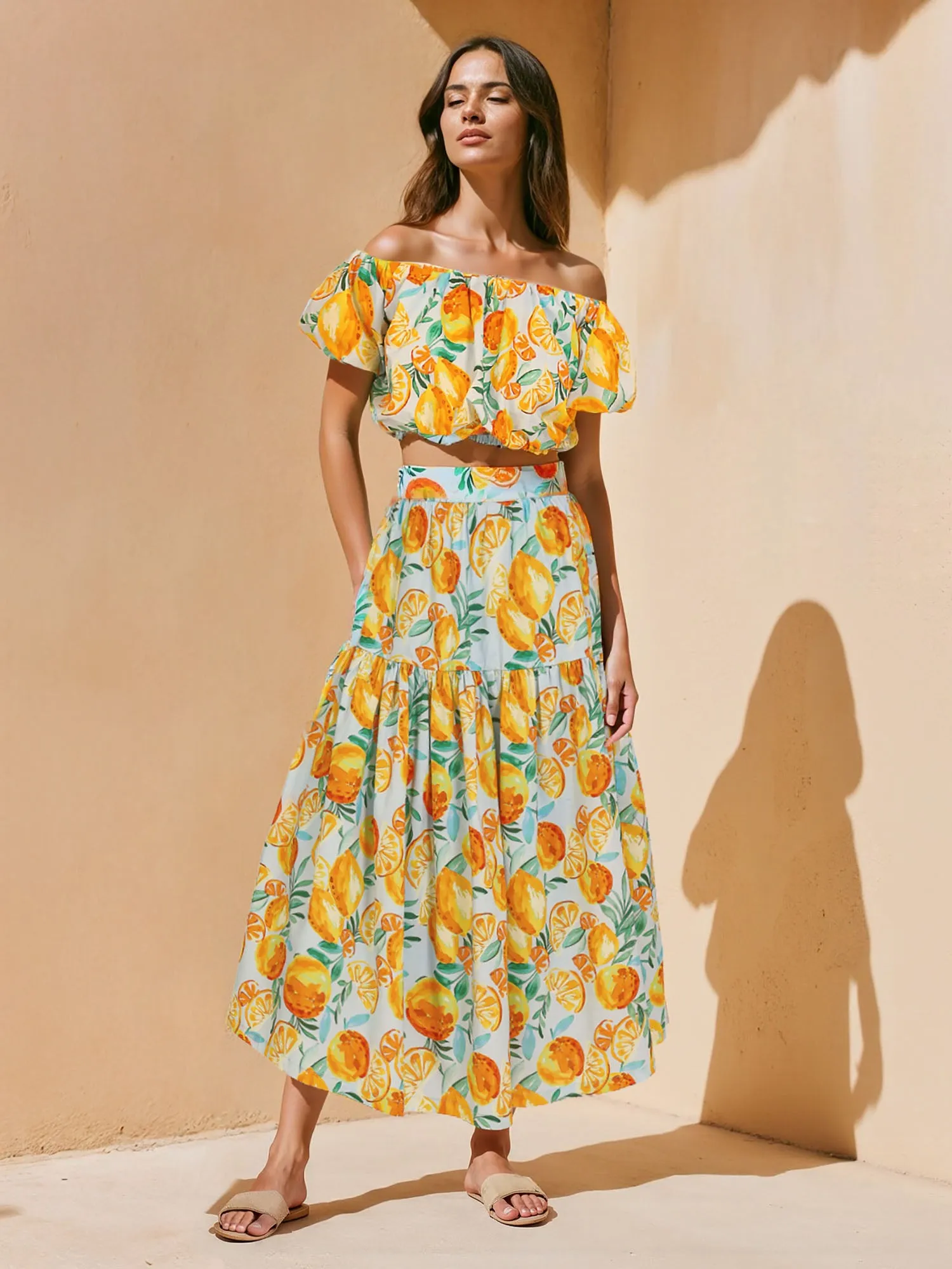 Off The Shoulder Citrus Print Blouse