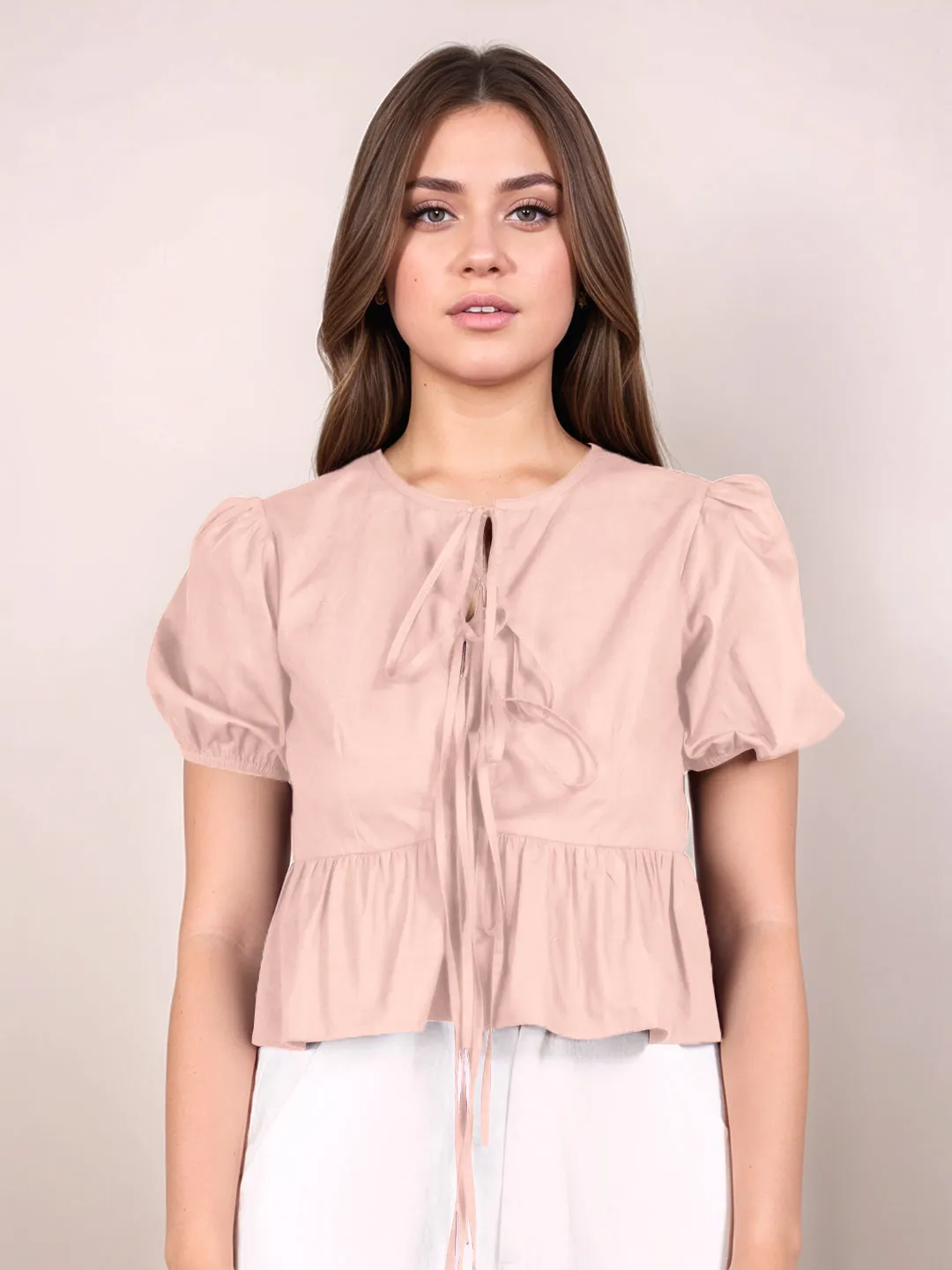 Peach Solid Short Sleeves Top