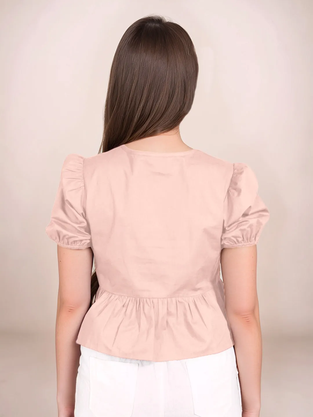 Peach Solid Short Sleeves Top