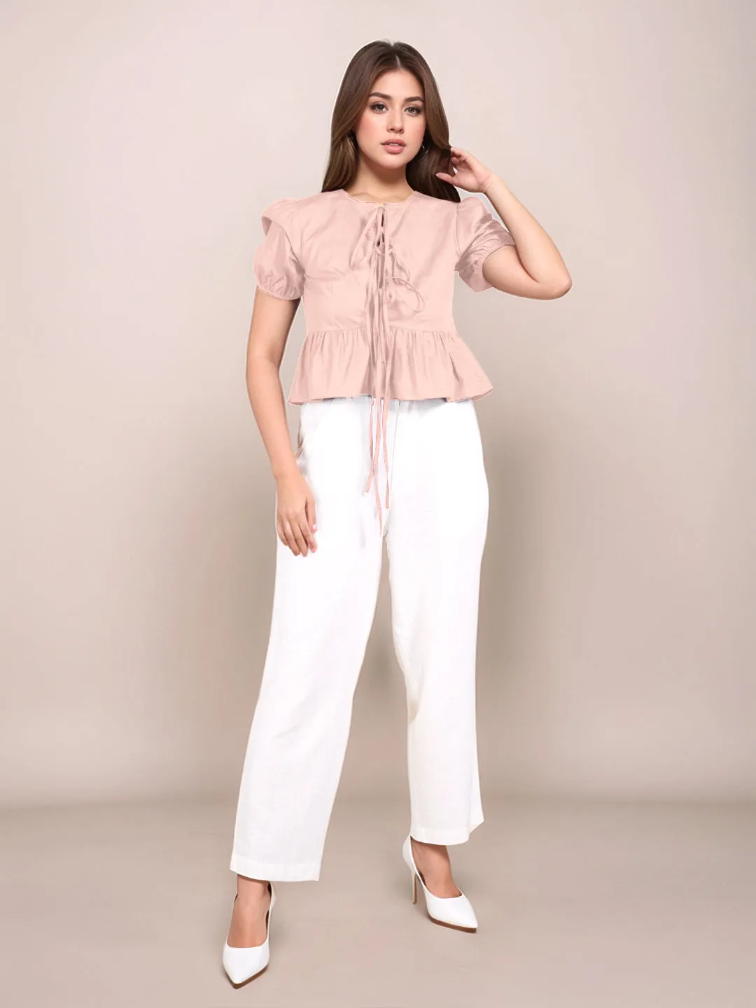 Peach Solid Short Sleeves Top