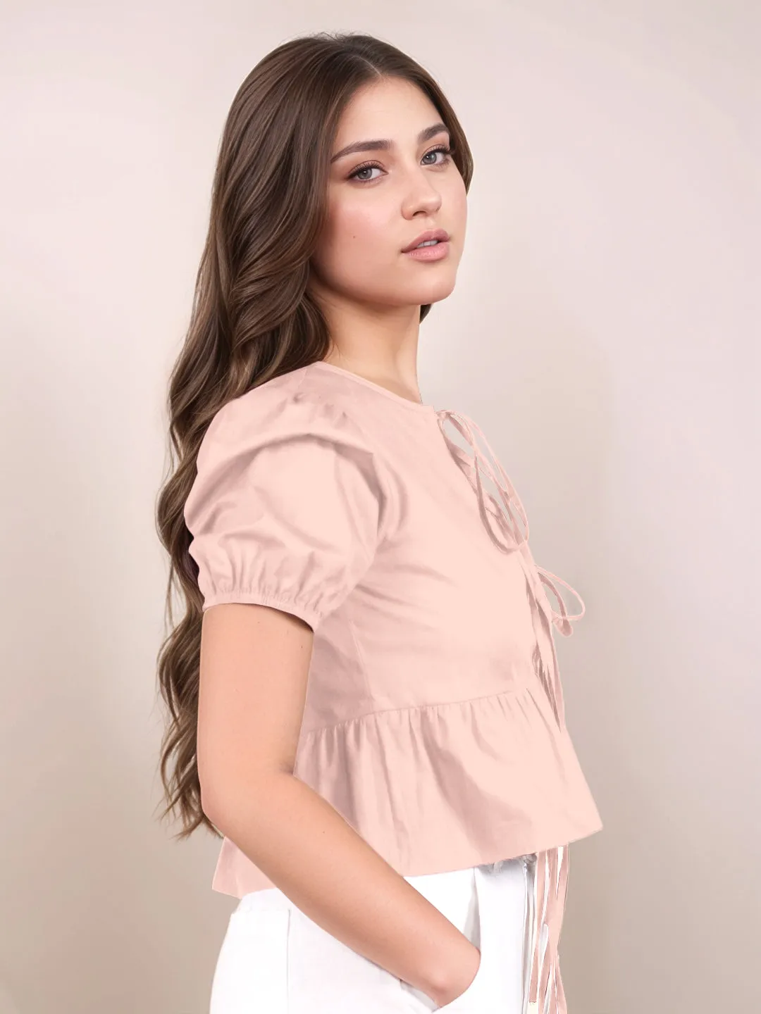 Peach Solid Short Sleeves Top