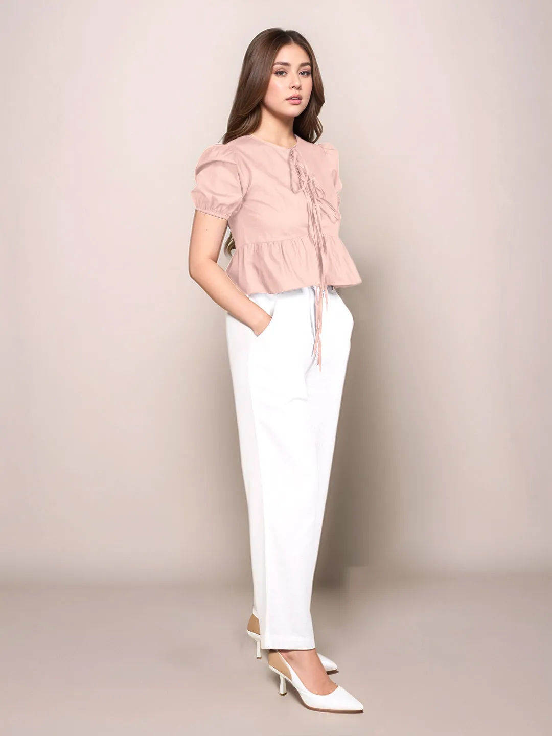 Peach Solid Short Sleeves Top