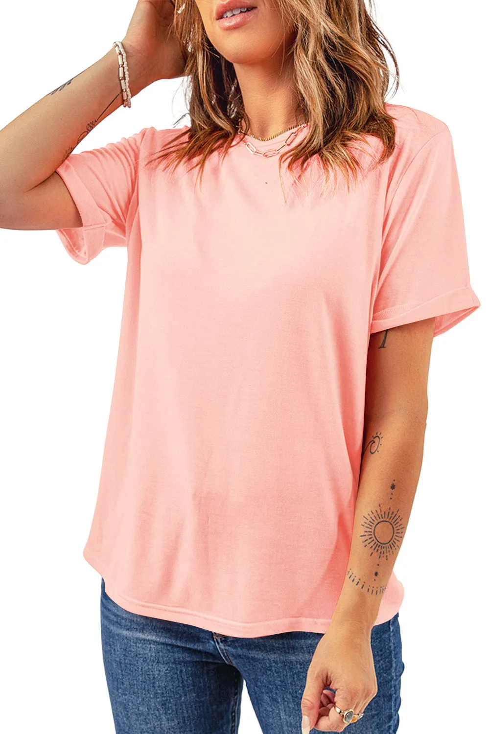 Pink Casual Plain Crew Neck Tee