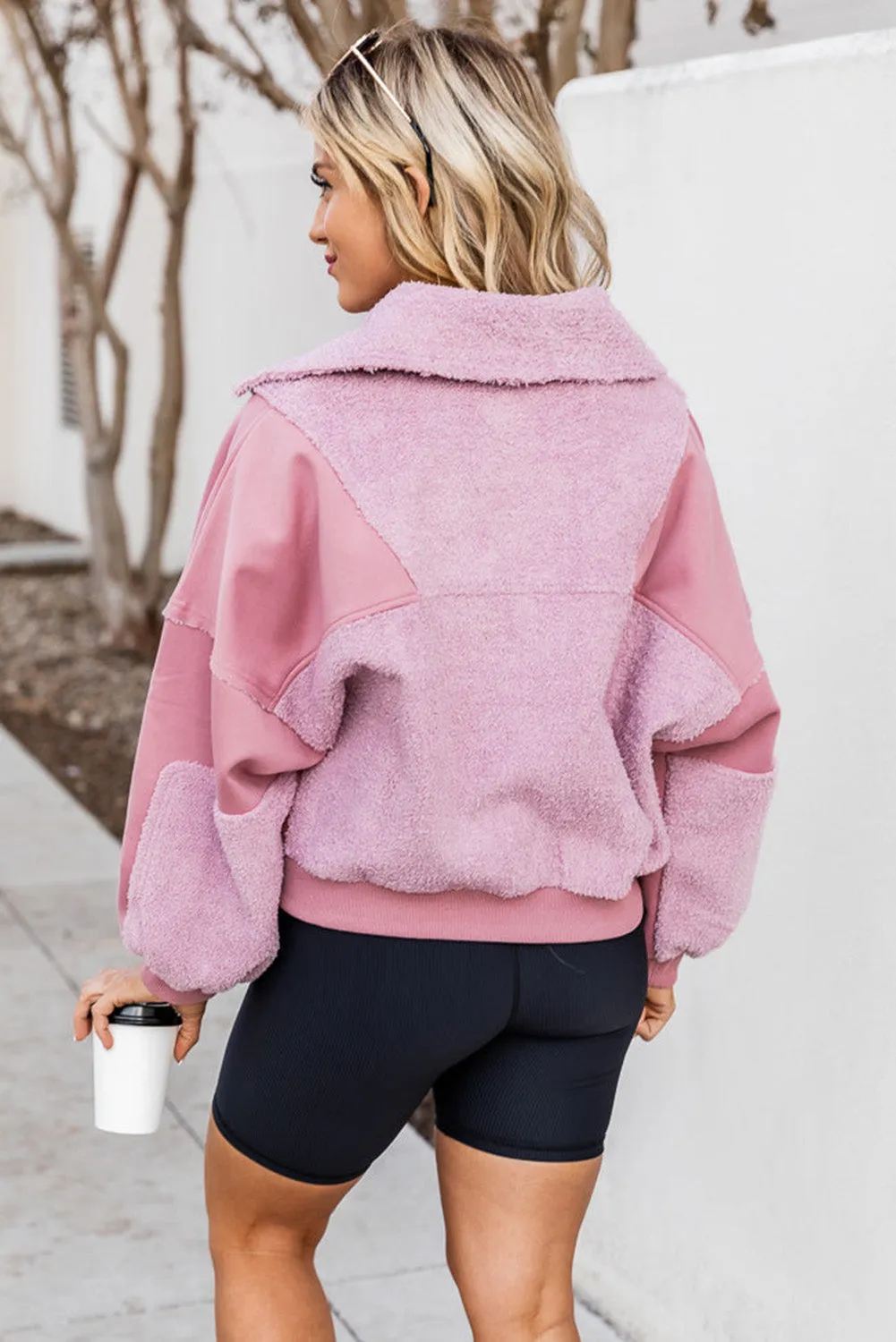 Pink Fuzzy Exposed Seam Quarter Zip Collared Pullover Sweatshirt