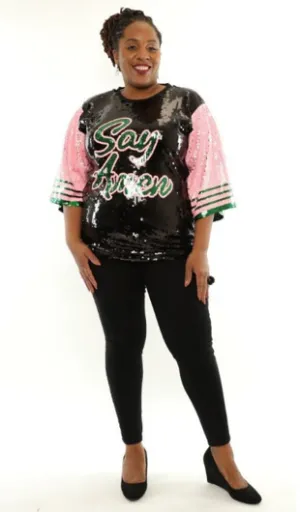 Pink, Green & Black Say Amen Sequin Top