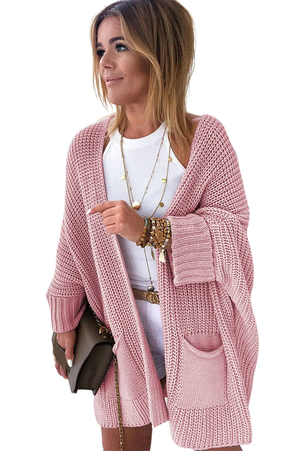 Pink Oversized Fold Over Sleeve Sweater Cardigan: Pink 65�rylic 35%Polyester
