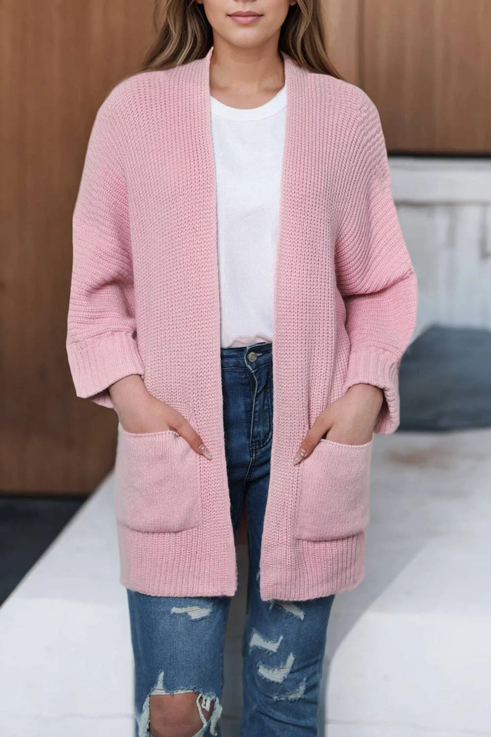 Pink Oversized Fold Over Sleeve Sweater Cardigan: Pink 65�rylic 35%Polyester