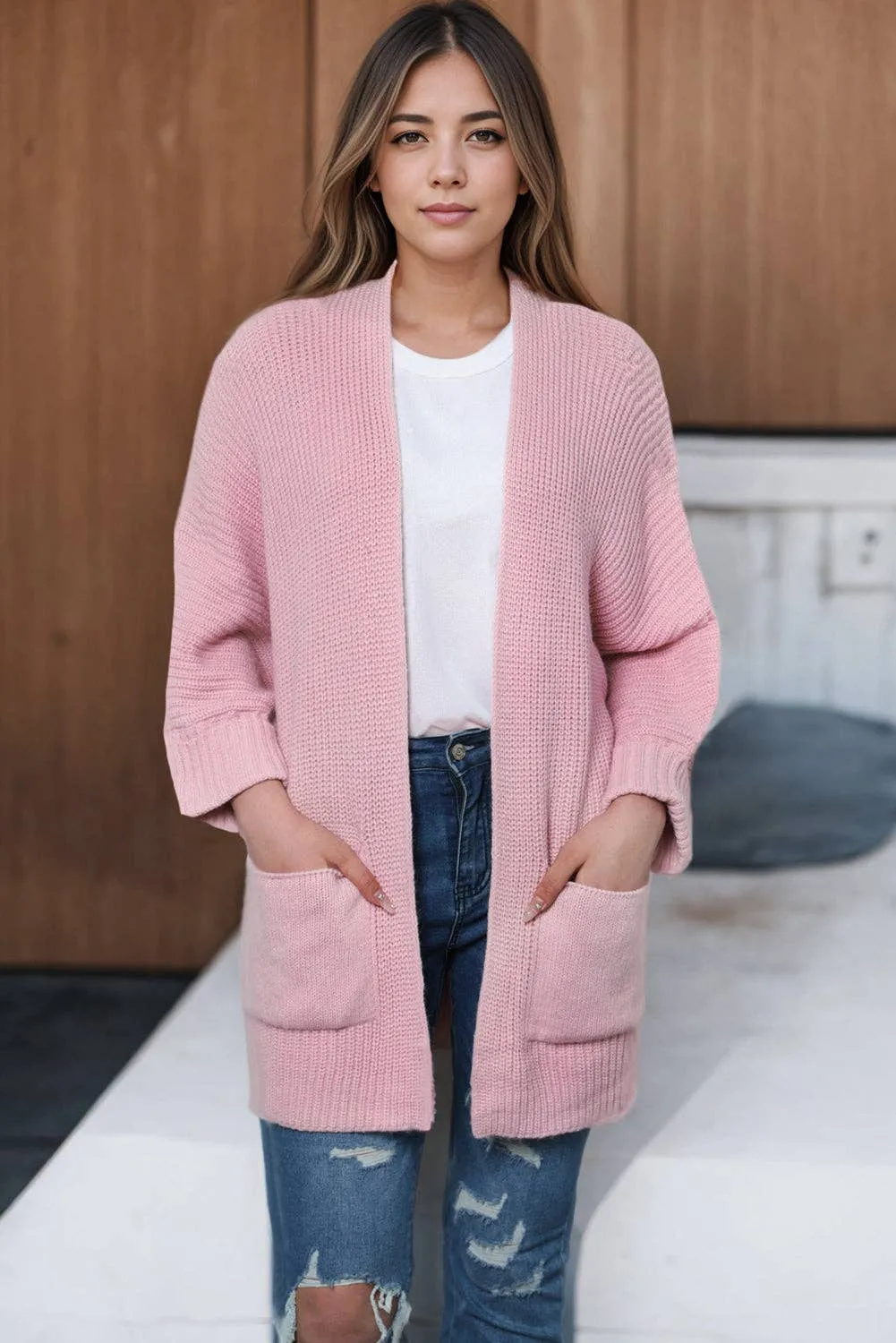 Pink Oversized Fold Over Sleeve Sweater Cardigan: Pink 65�rylic 35%Polyester