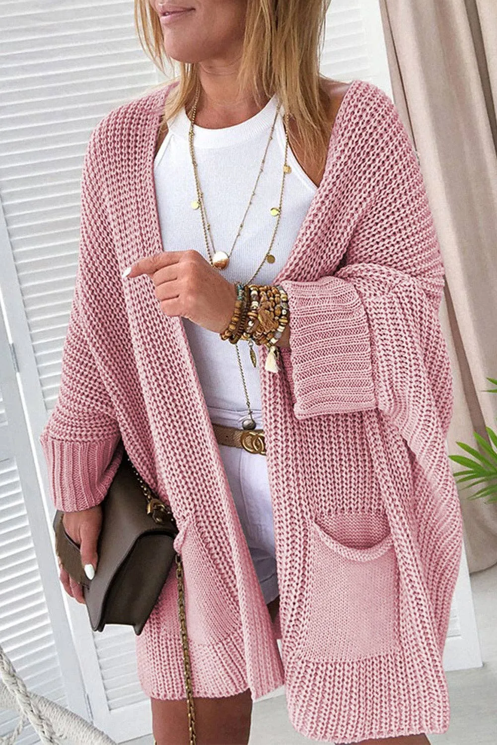 Pink Oversized Fold Over Sleeve Sweater Cardigan: Pink 65�rylic 35%Polyester