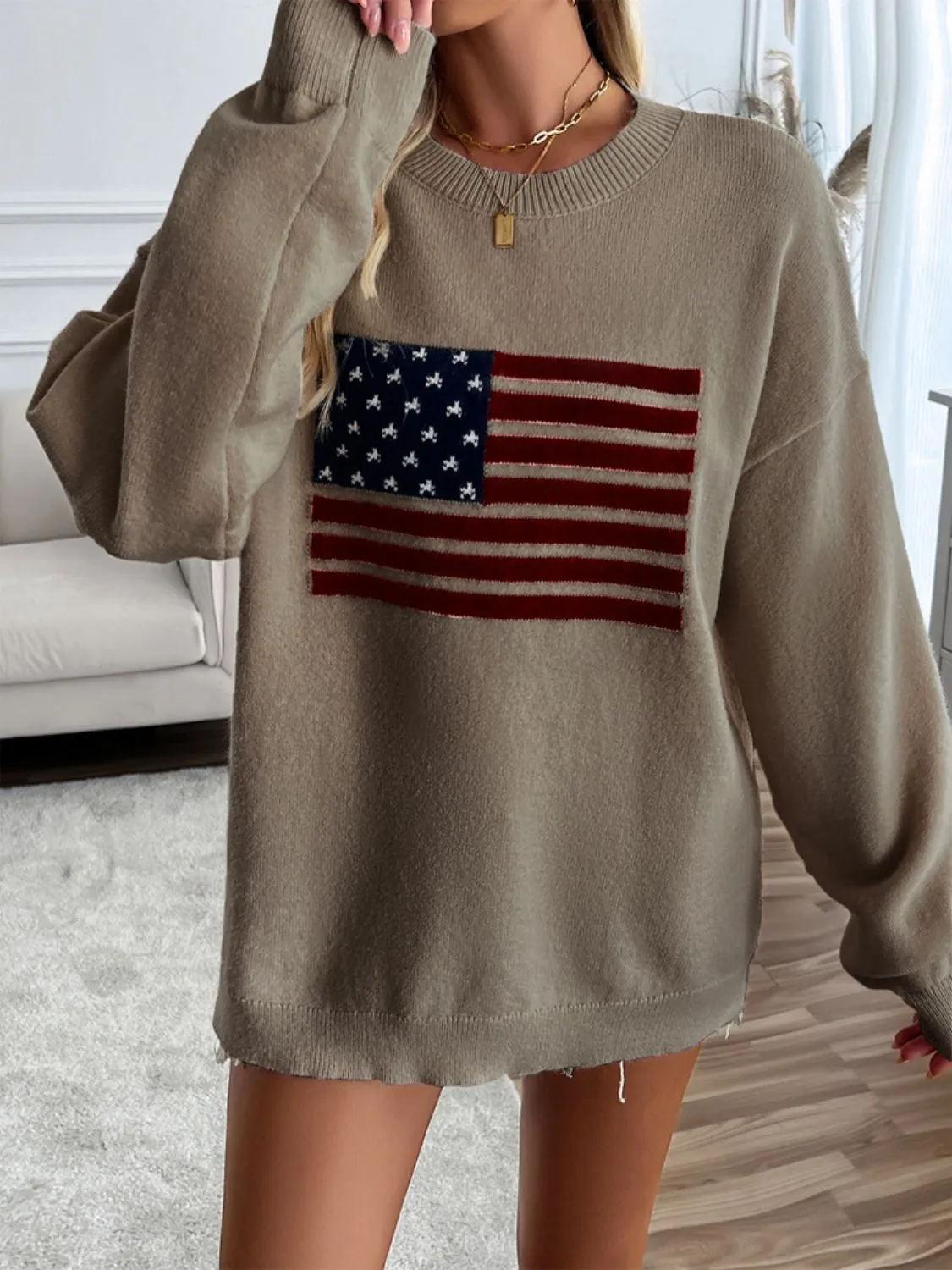 Proud To Be An American Flag Round Neck Long Sleeve Knit Top