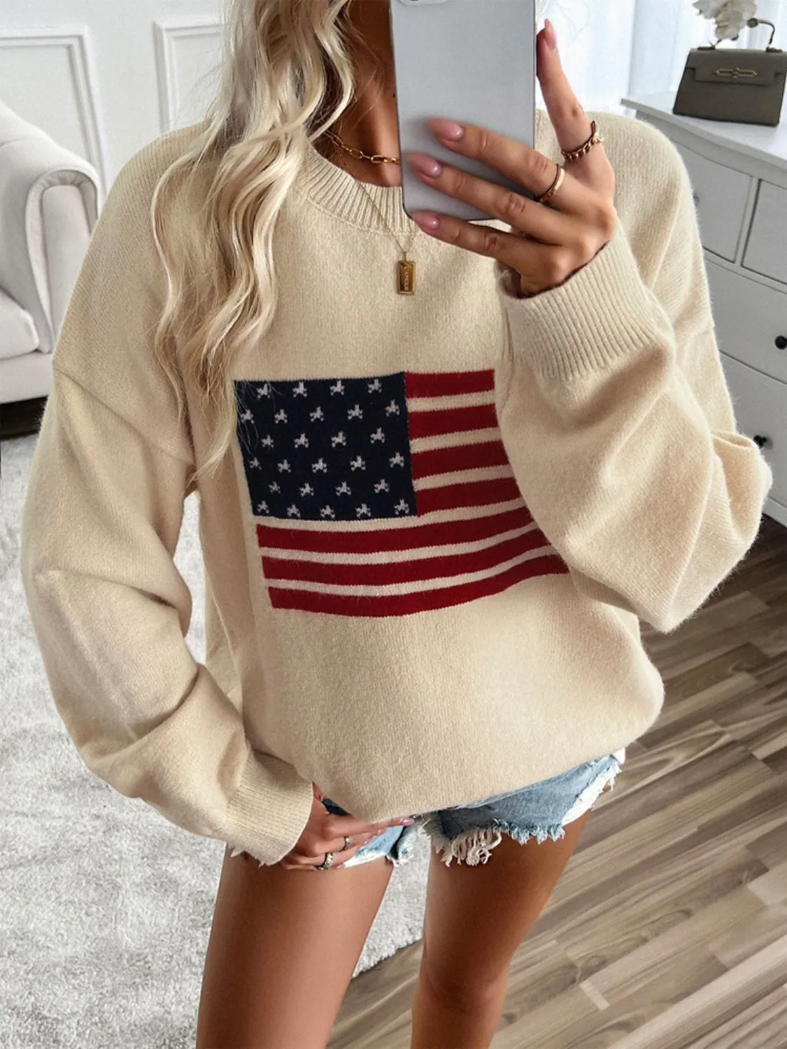 Proud To Be An American Flag Round Neck Long Sleeve Knit Top