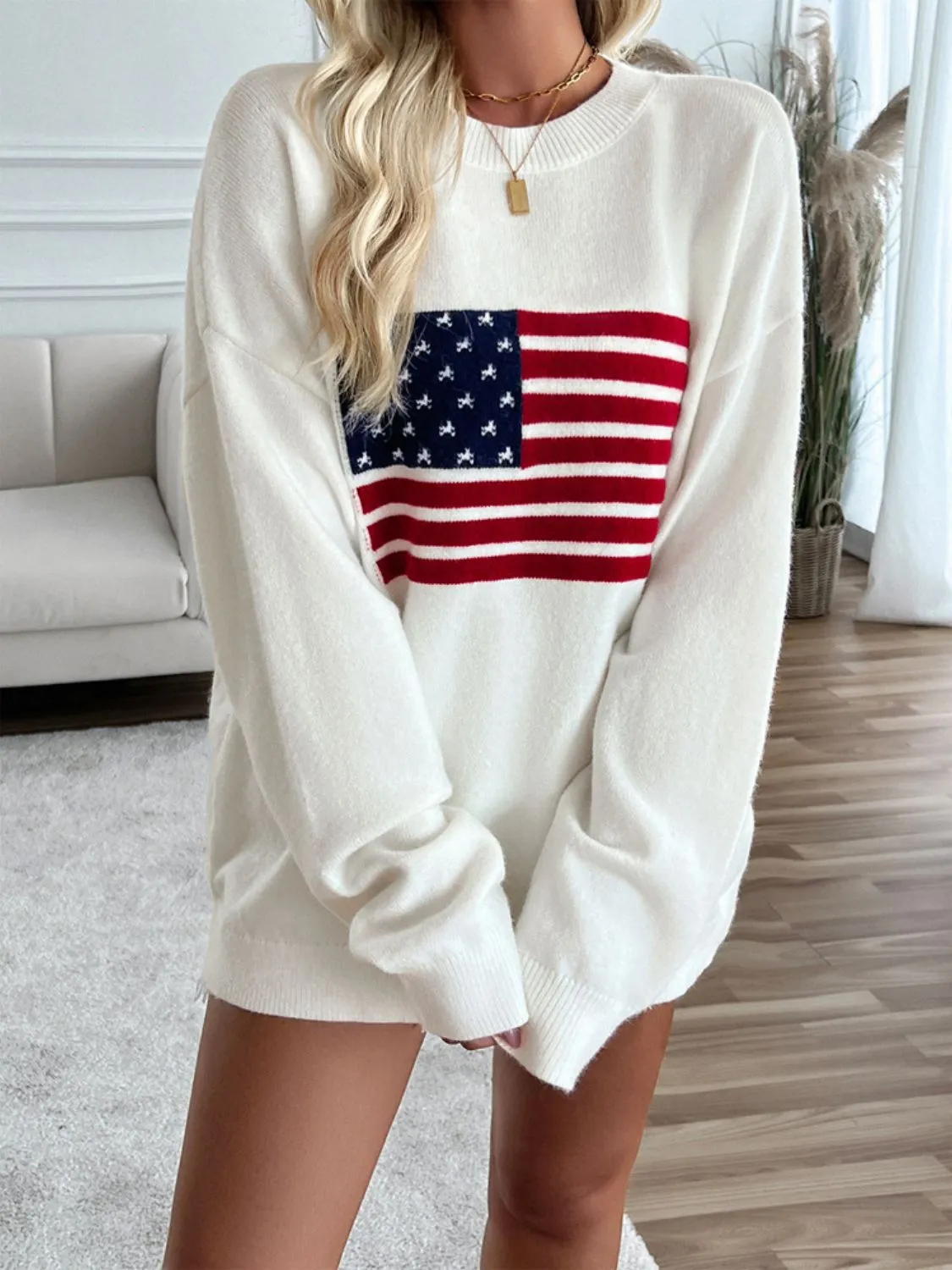Proud To Be An American Flag Round Neck Long Sleeve Knit Top